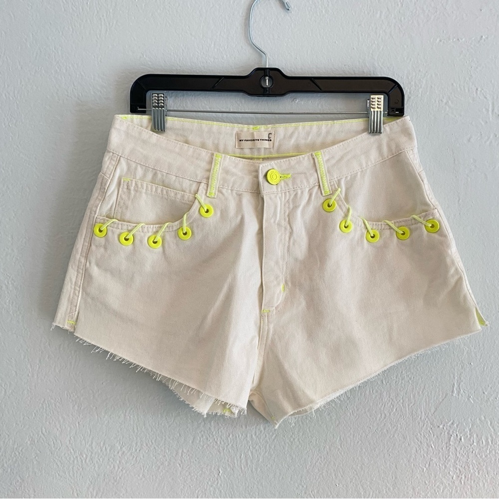 My favorite things white denim shorts with neon yellow details size‎ 6